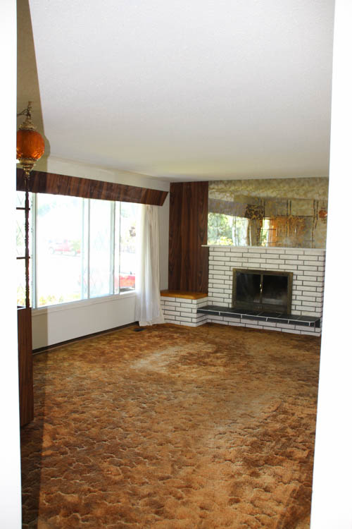 Brown,orangish rug in front of the fireplace.