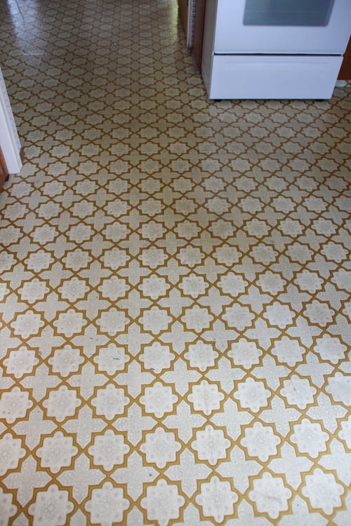 Patterned linoleum floor in the kitchen.