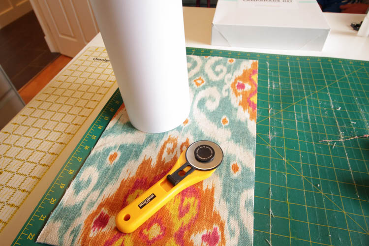 Cutting out the fabric for the lampshade.