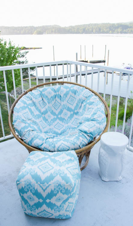 The newly covered papasan chair on the balcony.