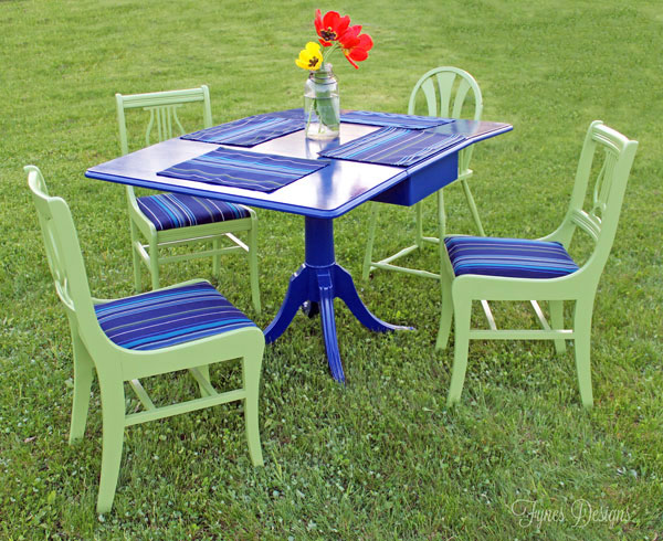 A blue and green patio set.