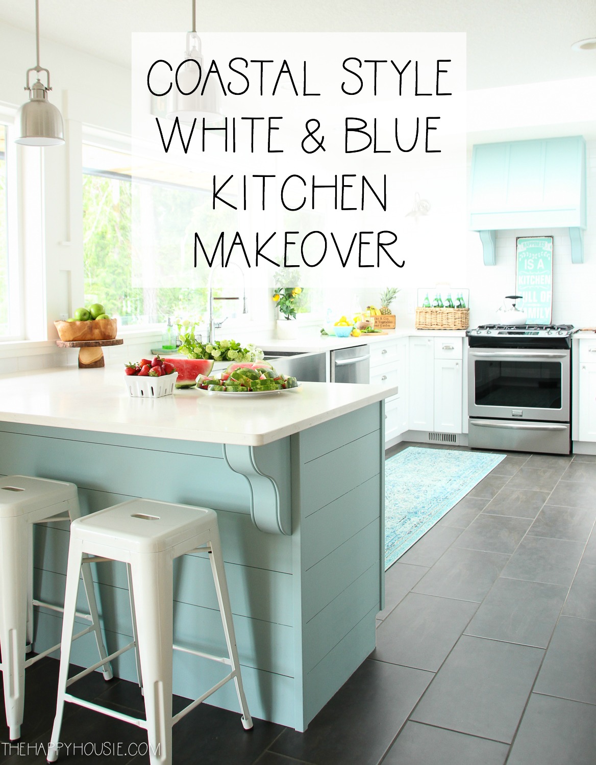 Coastal style white and blue kitchen makeover graphic.