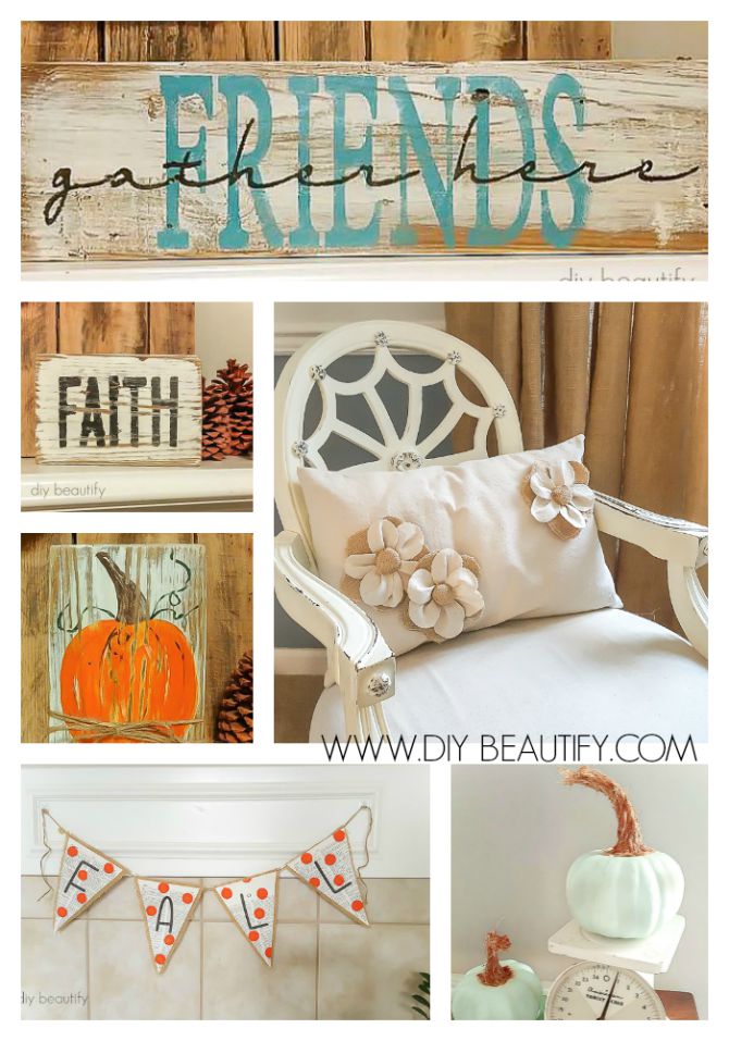 A collage of fall decor items like a wooden sign and a banner.