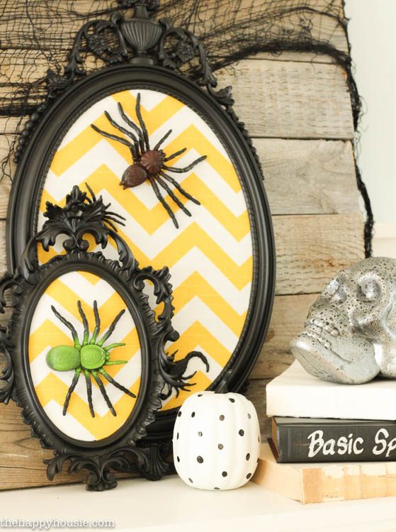 I love this fun black white and yellow Halloween Mantel with all kinds of DIY Halloween Decor projects at thehappyhousie.com-22