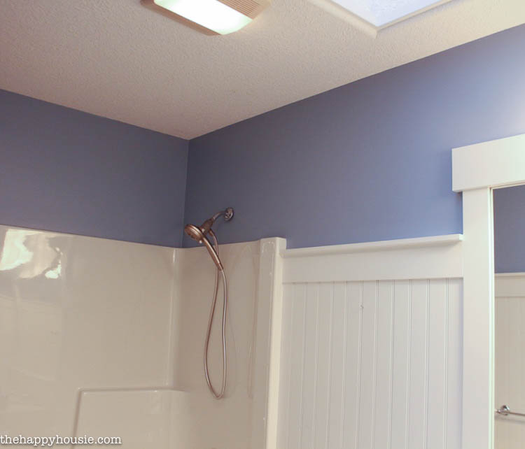 The main bathroom with a purple and white colour scheme.
