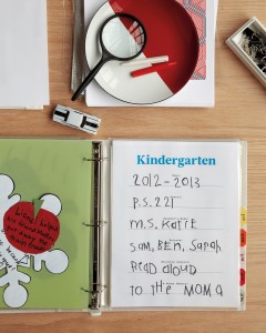 A page of the binder opened to the word kindergarten.