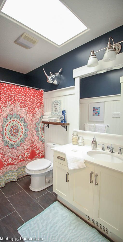 Boho Chic Bathroom Makeover with Hale Navy, Coral and Turquoise at thehappyhousie.com-12