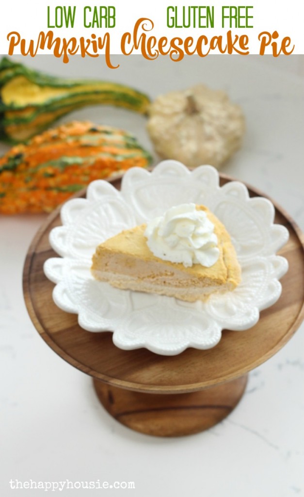 Low Carb Gluten Free Pumpkin Cheesecake Pie on a white plate.