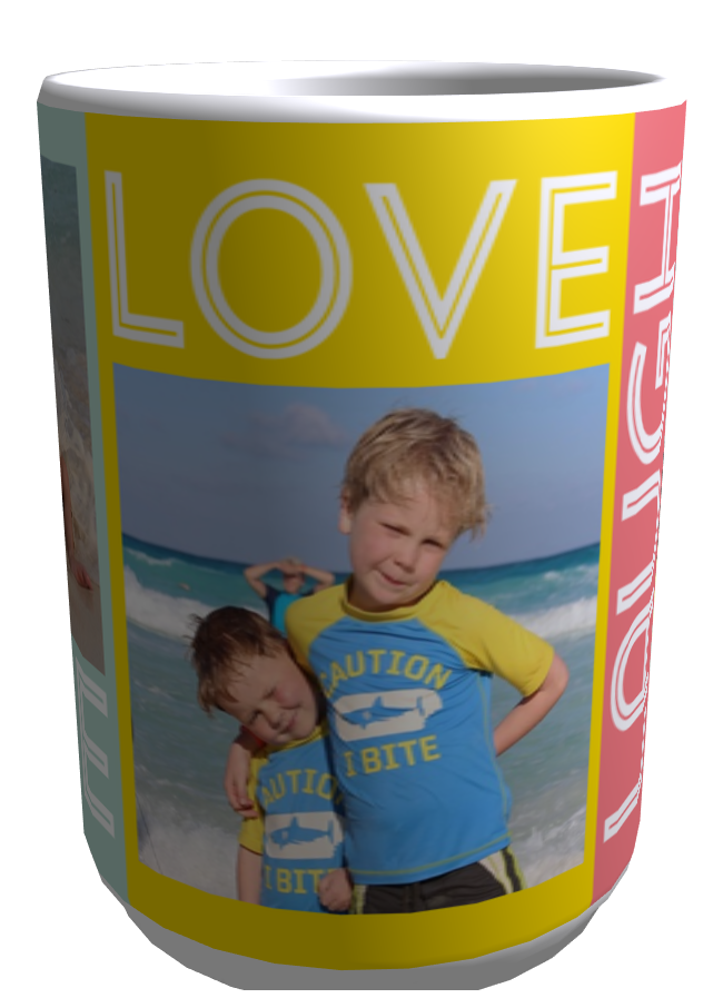 A mug that says LOVE with kids pictures on it.