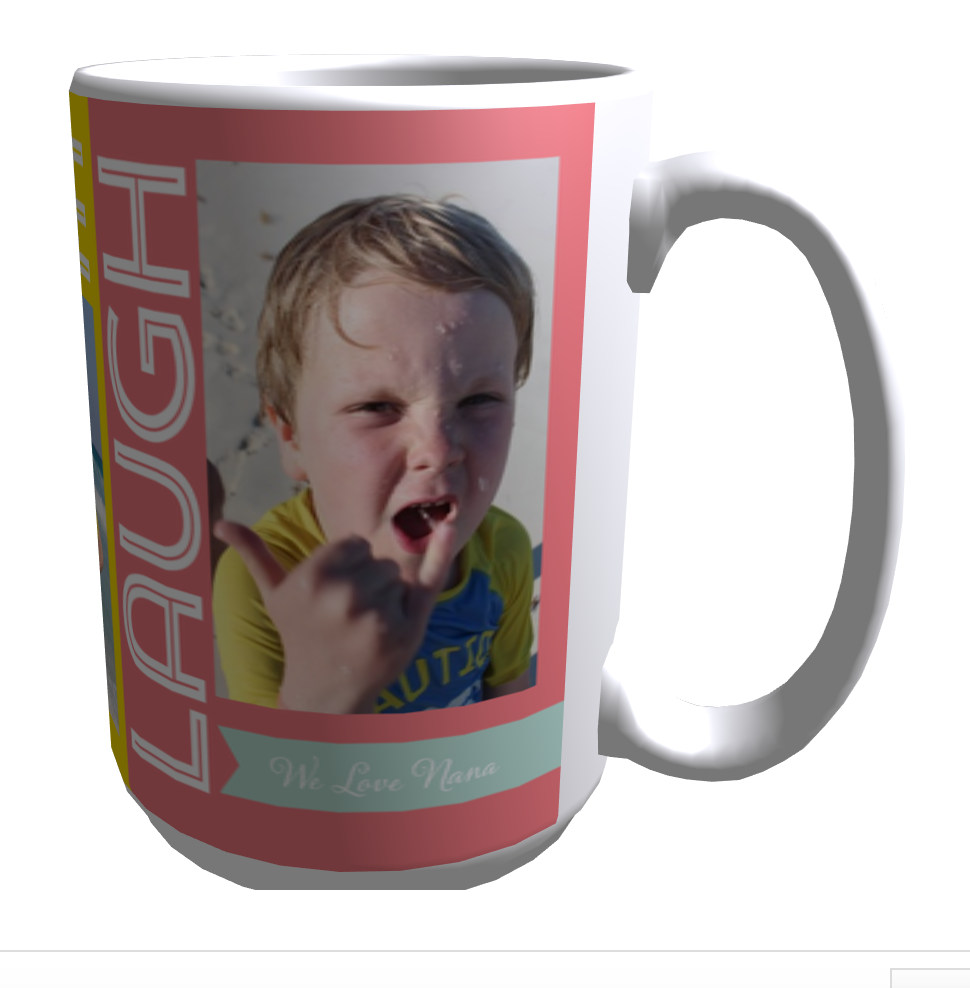 A mug that says LAUGH and a kid by the water.