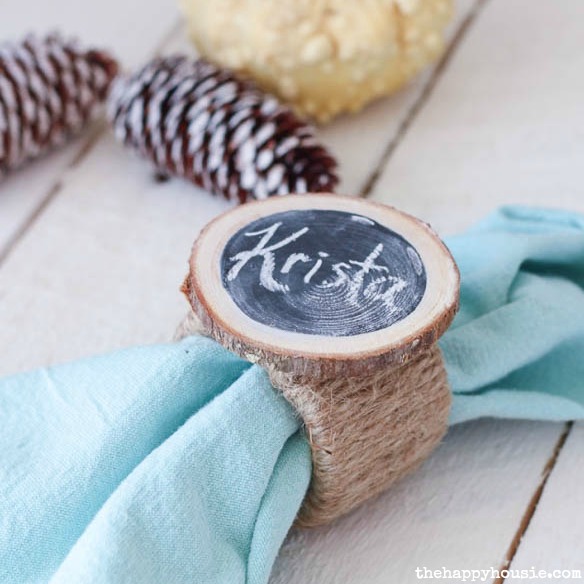DIY Chalkboard Wood Slice Napkin Ring Place Cards