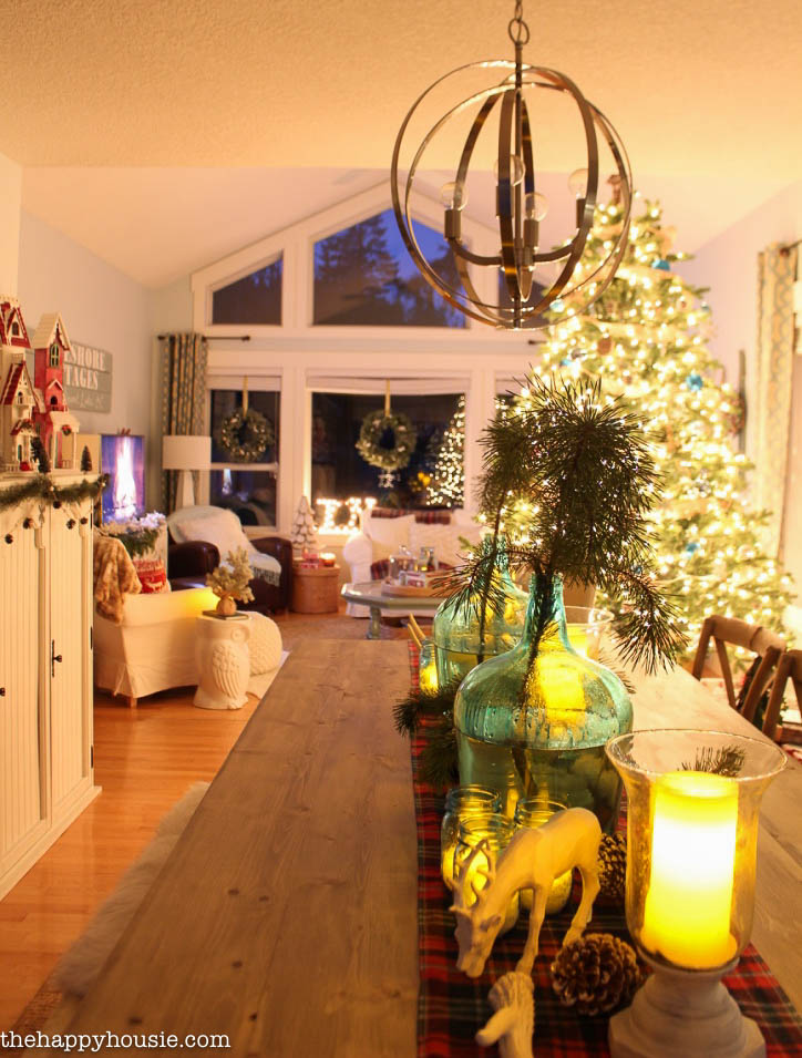 A living room lit up for the holidays.