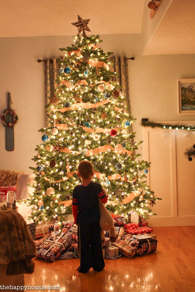 A little boy is standing in front of a large lit Christmas tree.