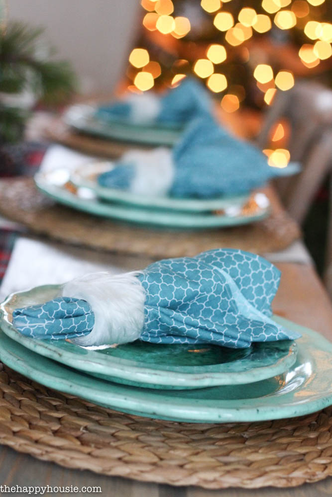 Lake Cottage Style Christmas Tablescape with the teal napkins and white napkin rings.
