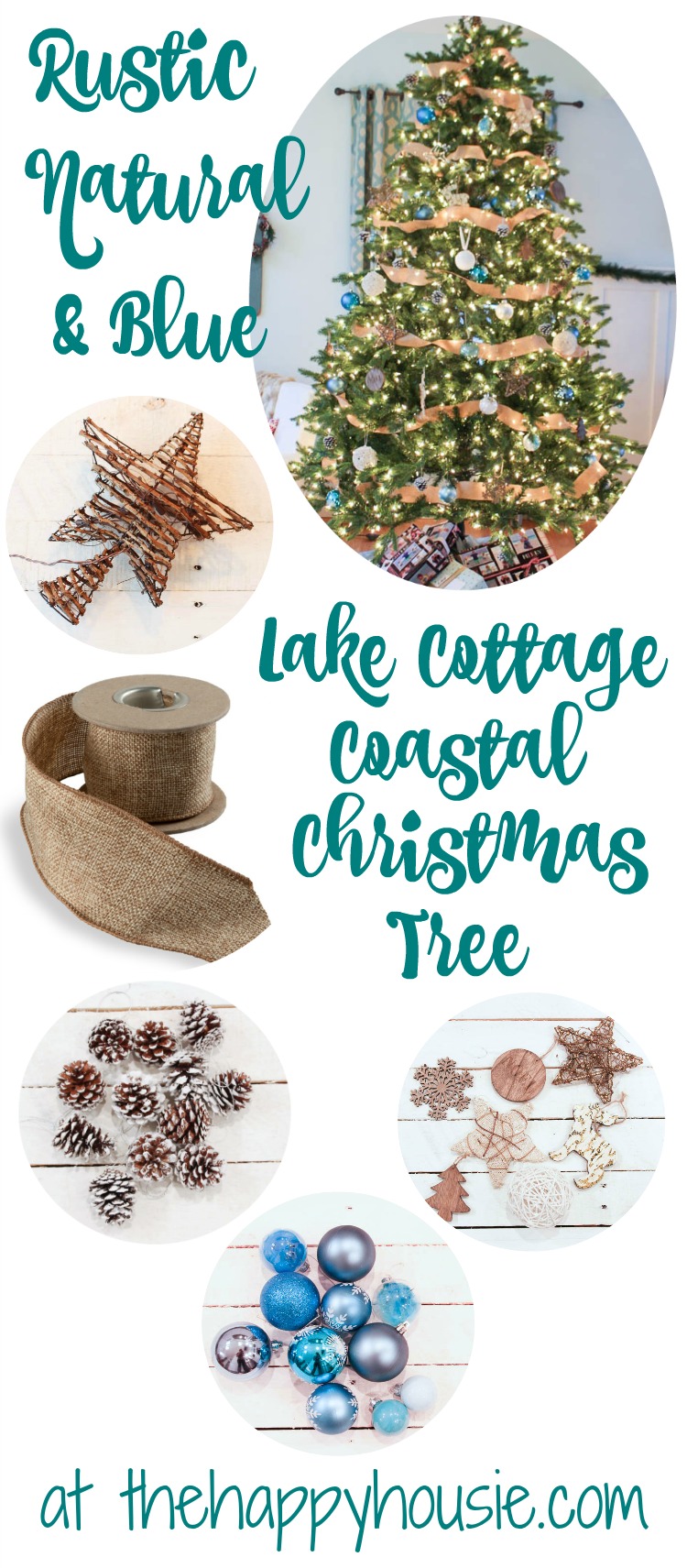 Rustic Natural and Blue Lake Cottage Coastal Christmas Tree Decor at thehappyhousie.com