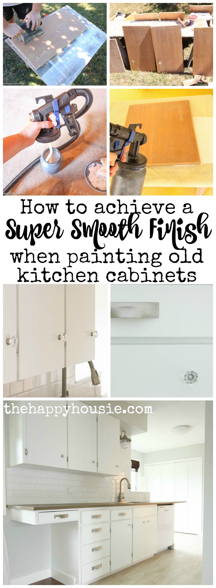 How to achieve a super smooth finish when painting old kitchen cabinets with the HomeRight Finish Max Pro tutorial poster.