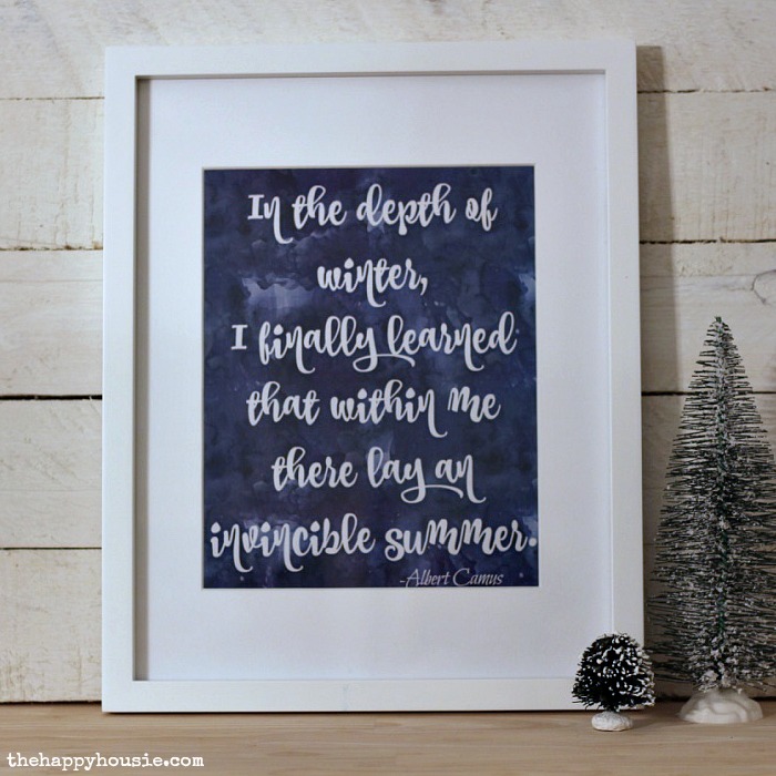 In the depth of winter free watercolour printable that is framed and on the mantel.