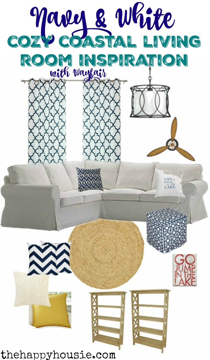 Navy and White Cozy Coastal Living Room Inspiration with Wayfair.ca at thehappyhousie.com