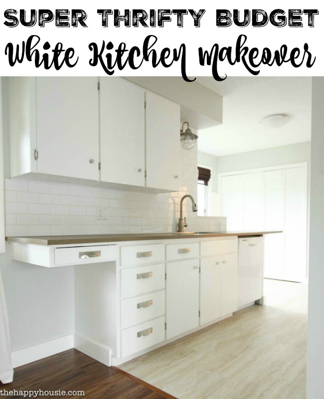 Super Thrifty Budget White Kitchen Makeover reveal at thehappyhousie.com