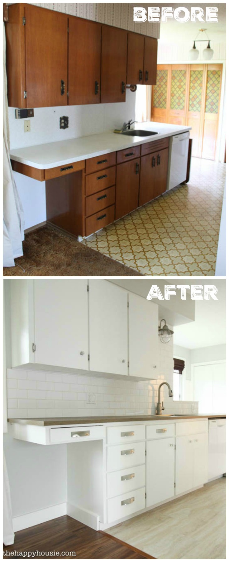 Thrifty Kitchen Makeover on a Budget with Benjamin Moore Simply White Kitchen Cabinets D Lawless Hardware and Moen Faucet at thehappyhousie.com