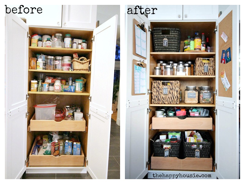 A before picture of the pantry and the after picture of the pantry all organized.