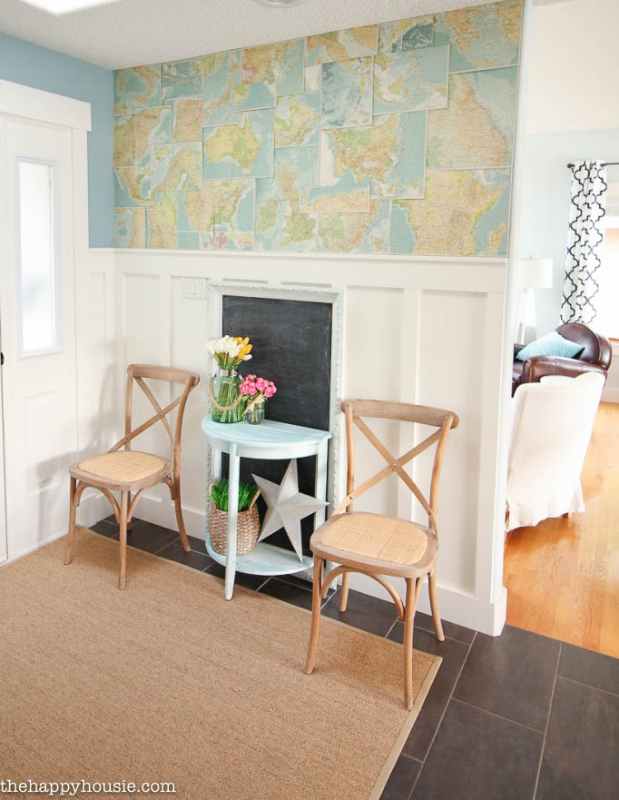 Faux Map Wallpaper and Chalk Painted Entry Table Makeover Entry Hall Foyer tweaks at the happy housie-22