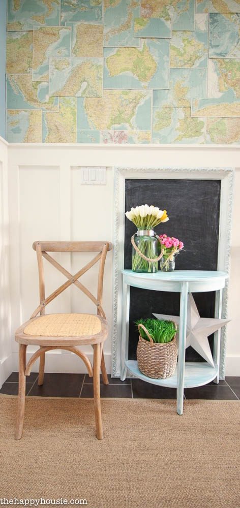 Faux Map Wallpaper and Chalk Painted Entry Table Makeover Entry Hall Foyer tweaks at the happy housie-24