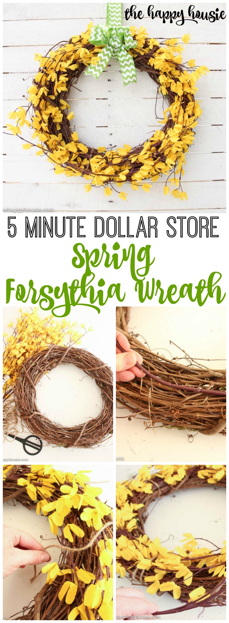Five Minute Dollar Store DIY Spring Forsythia Wreath at the happy housie poster.