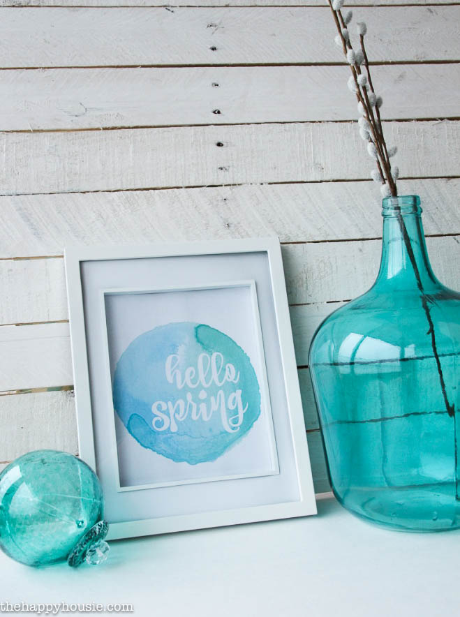 Hello Spring Free Printable Art with watercolour background in 10 colours at thehappyhousie.com-1