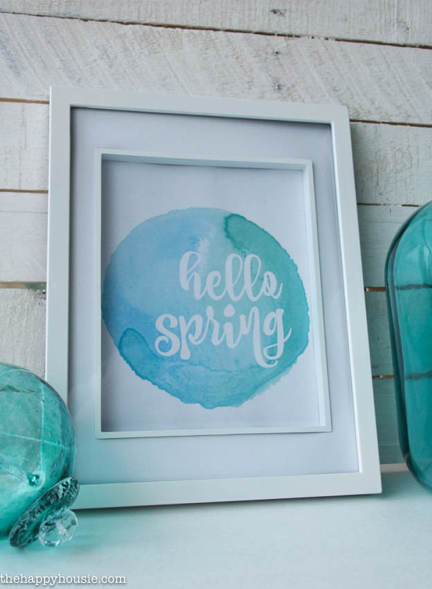 Hello Spring Free Printable Art with watercolour background in 10 colours at thehappyhousie.com-2