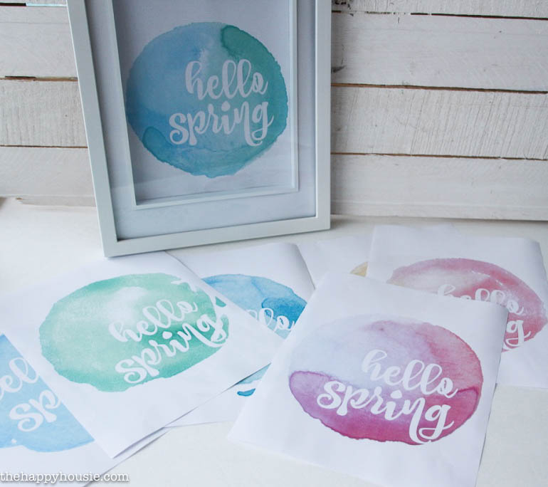 Hello Spring Free Printable Art with watercolour background in 10 colours at thehappyhousie.com-5