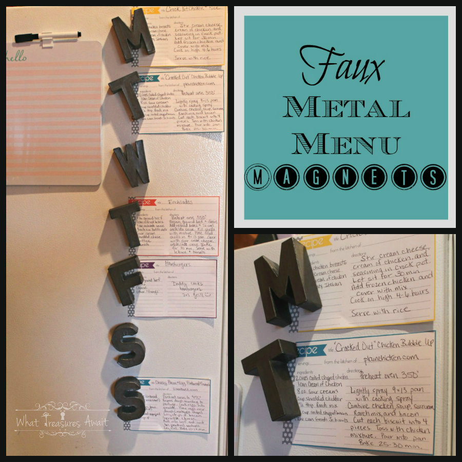 A faux metal menu magnets on a board.