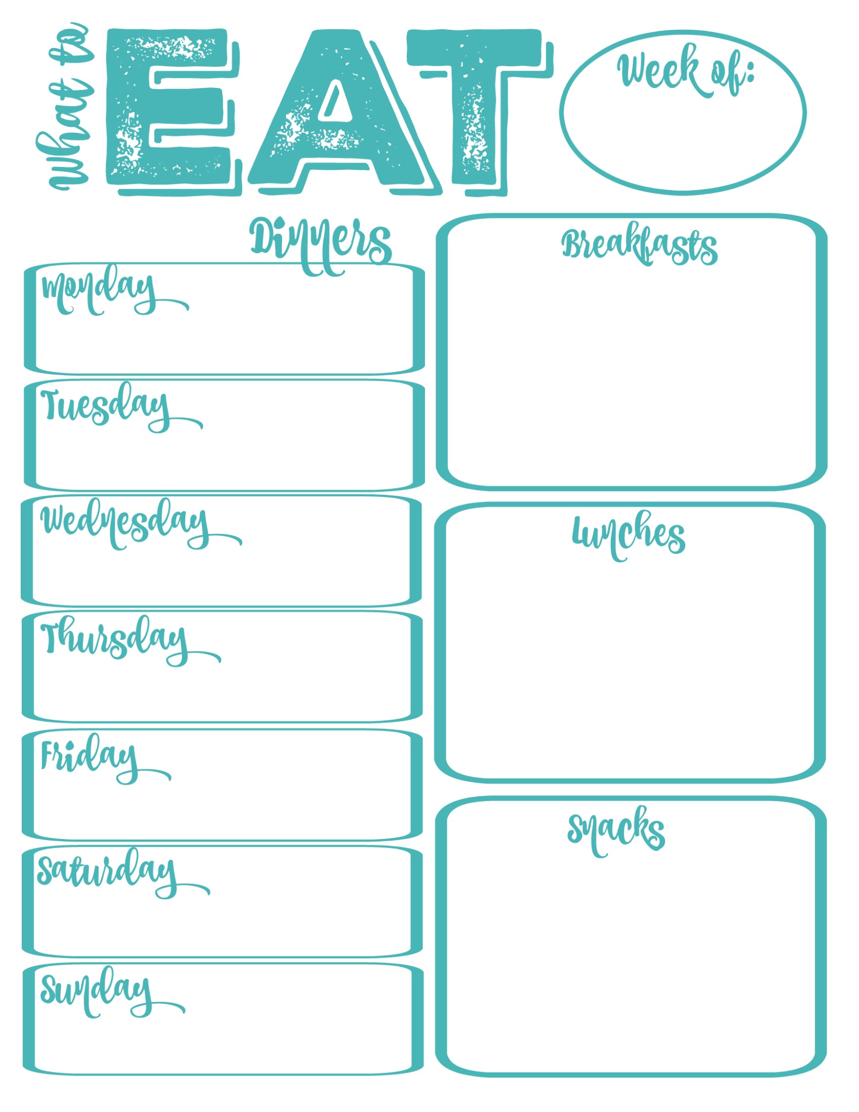 What to Eat Weekly Meal Planning Free Printable in aqua at thehappyhousie.com
