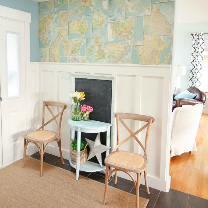 square Faux Map Wallpaper and Chalk Painted Entry Table Makeover Entry Hall Foyer tweaks at the happy housie-22