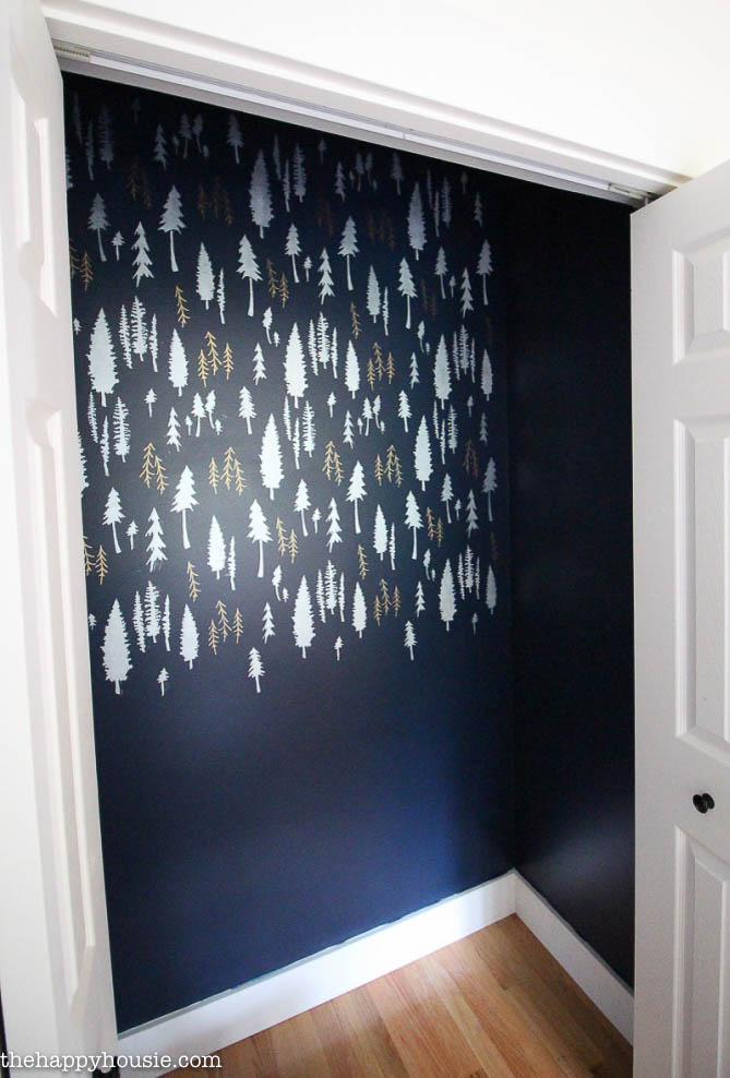 Closet turned into a workspace with beautiful stenciled feature wall at the happy housie-8