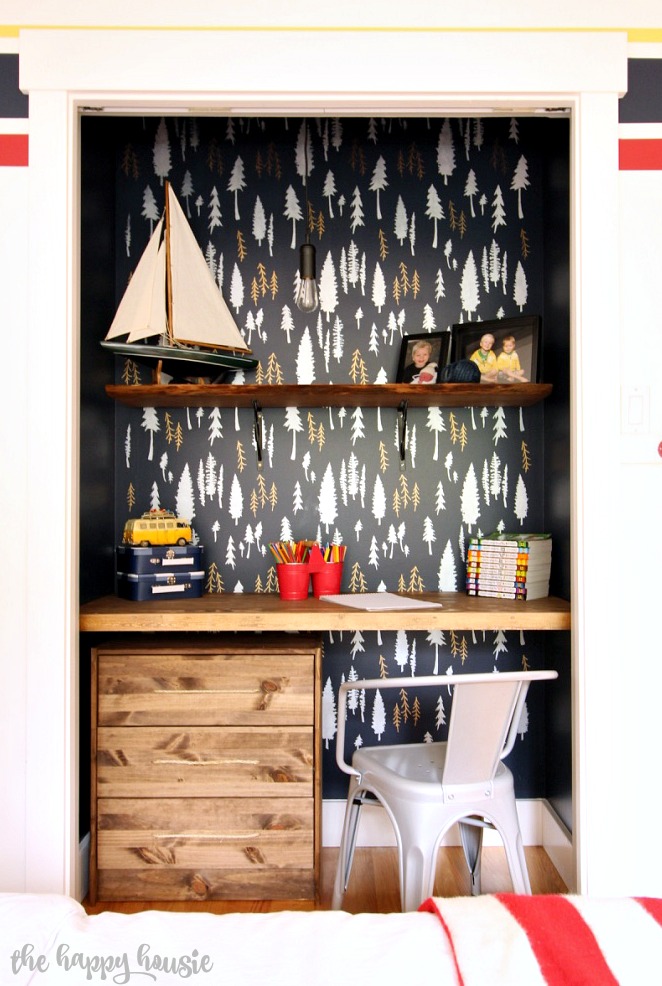 Stenciled Closet Workspace in Boys Bedroom featuring Royal Design Studios Stencil at the happy housie