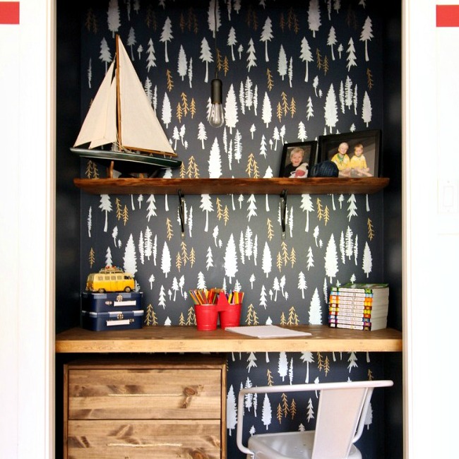 Closet Turned Workspace with a Stenciled Feature Wall