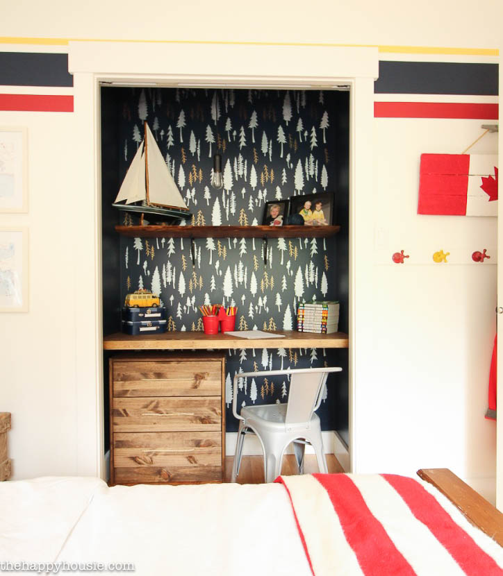 Closet turned into a workspace with beautiful stenciled feature wall at the happy housie-15