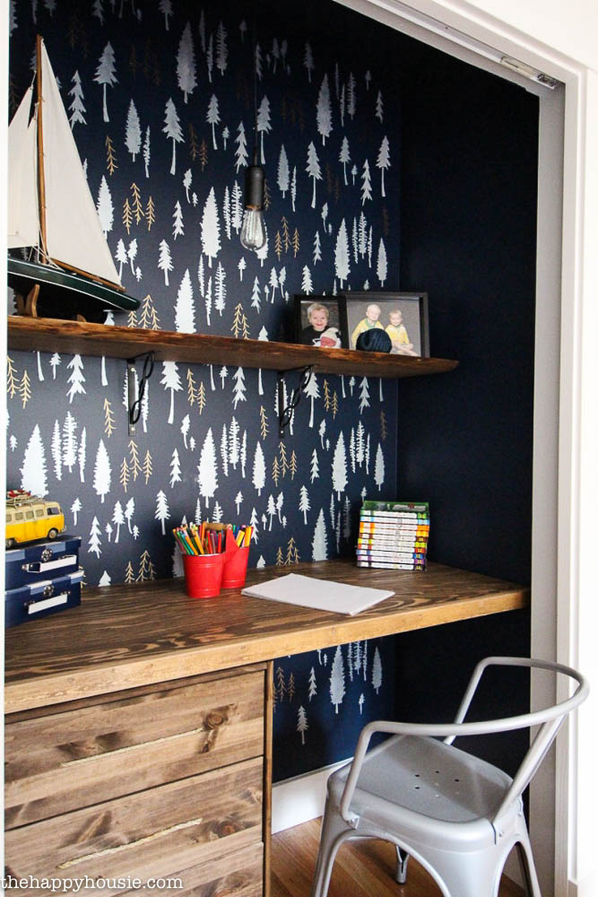 Closet turned into a workspace with beautiful stenciled feature wall at the happy housie-20