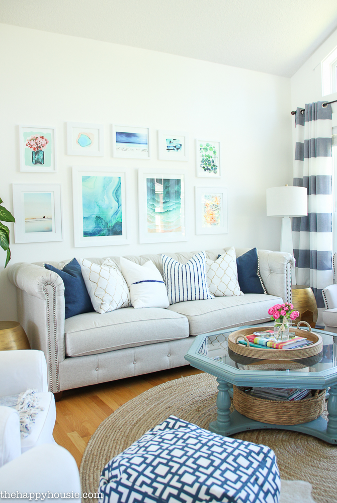 Coastal Style Blue and White Living Room Lakehouse Living Room Makeover Reveal for the One Room Challenge -3