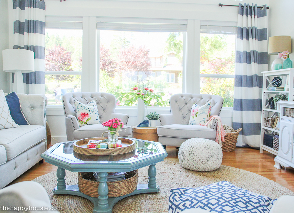 Coastal Style Blue and White Living Room Lakehouse Living Room Makeover Reveal for the One Room Challenge -4