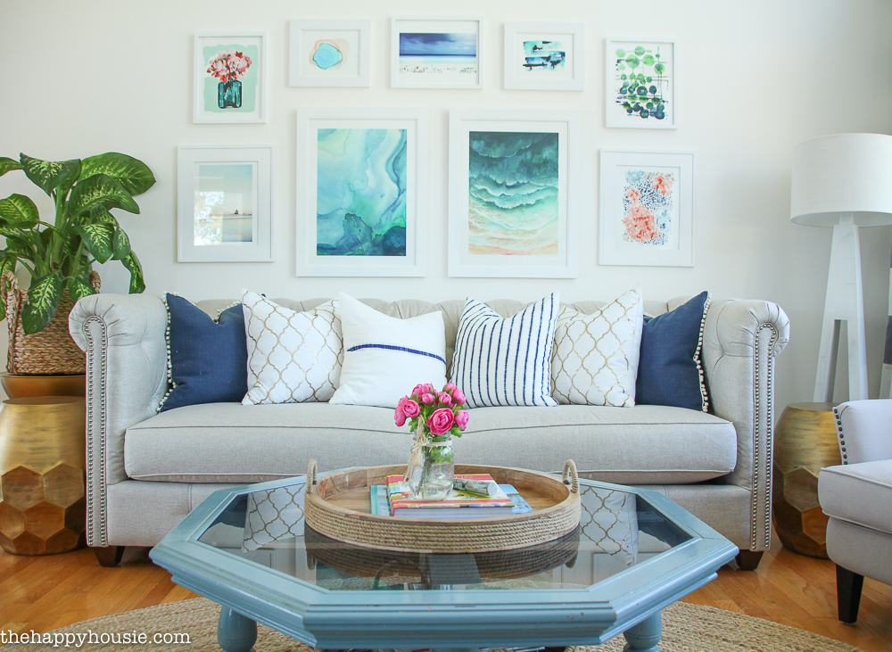 Coastal Style Blue and White Living Room Lakehouse Living Room Makeover Reveal for the One Room Challenge -8