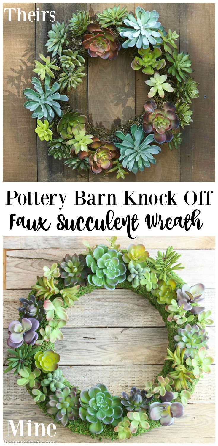 Comparison between Pottery Barn Knock Off Faux Succulent Wreath using Make it Fun Crafts Foam Wreath Form and Faux Succulents tutorial at the happy housie