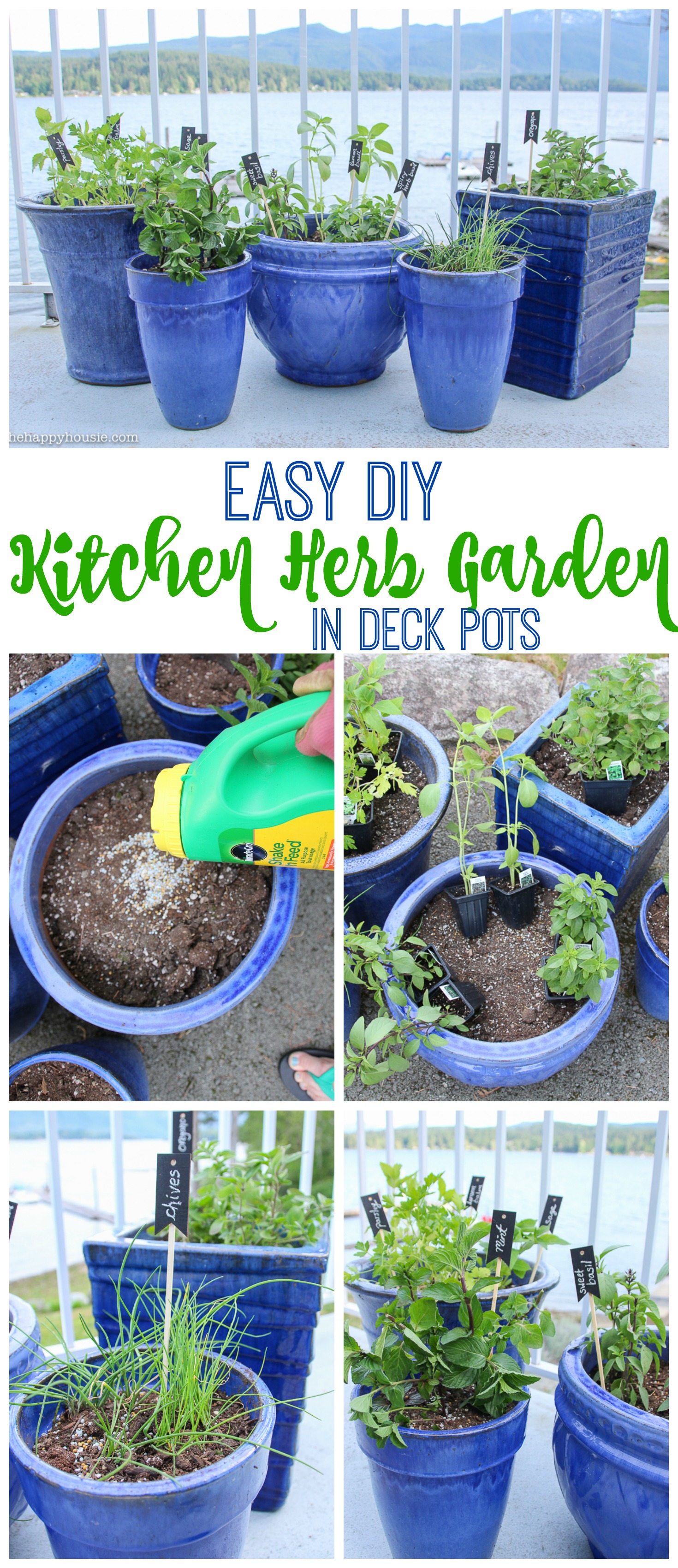 Easy DIY Kitchen Herb Garden in Deck Pots tips at the happy housie graphic.