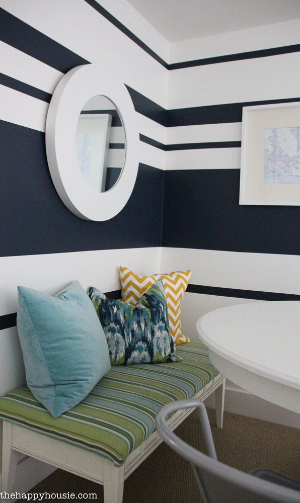 Painted stripes of navy and white.