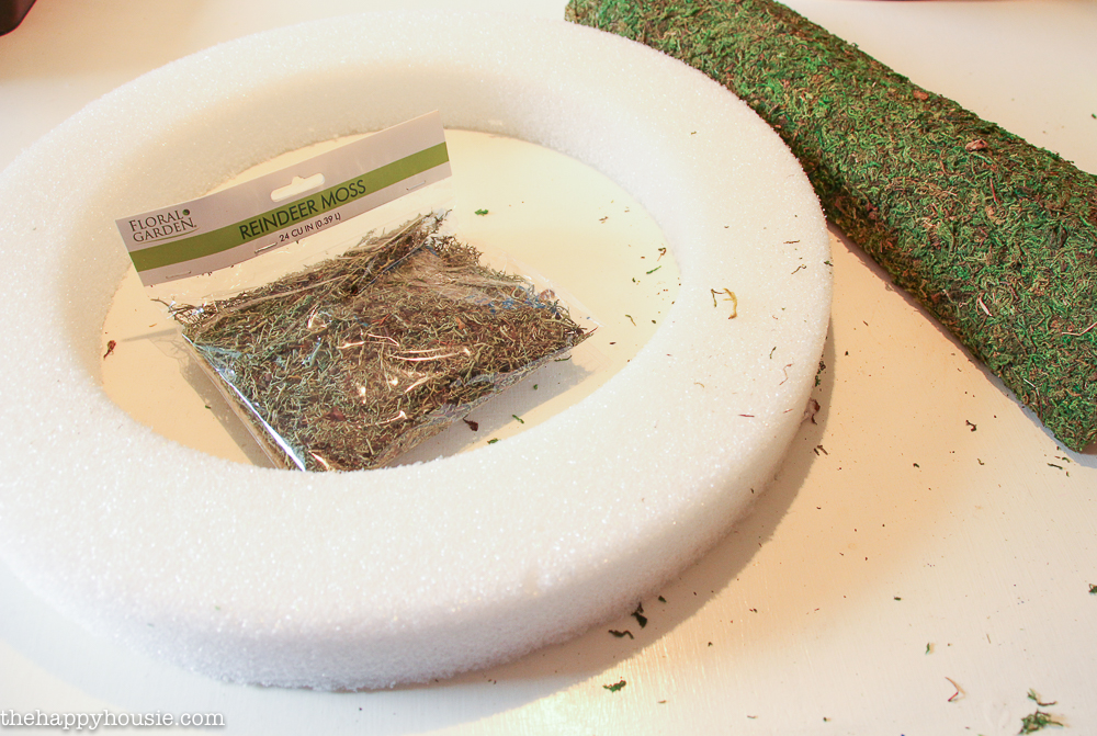 Wreath form, moss laid out for the tutorial.
