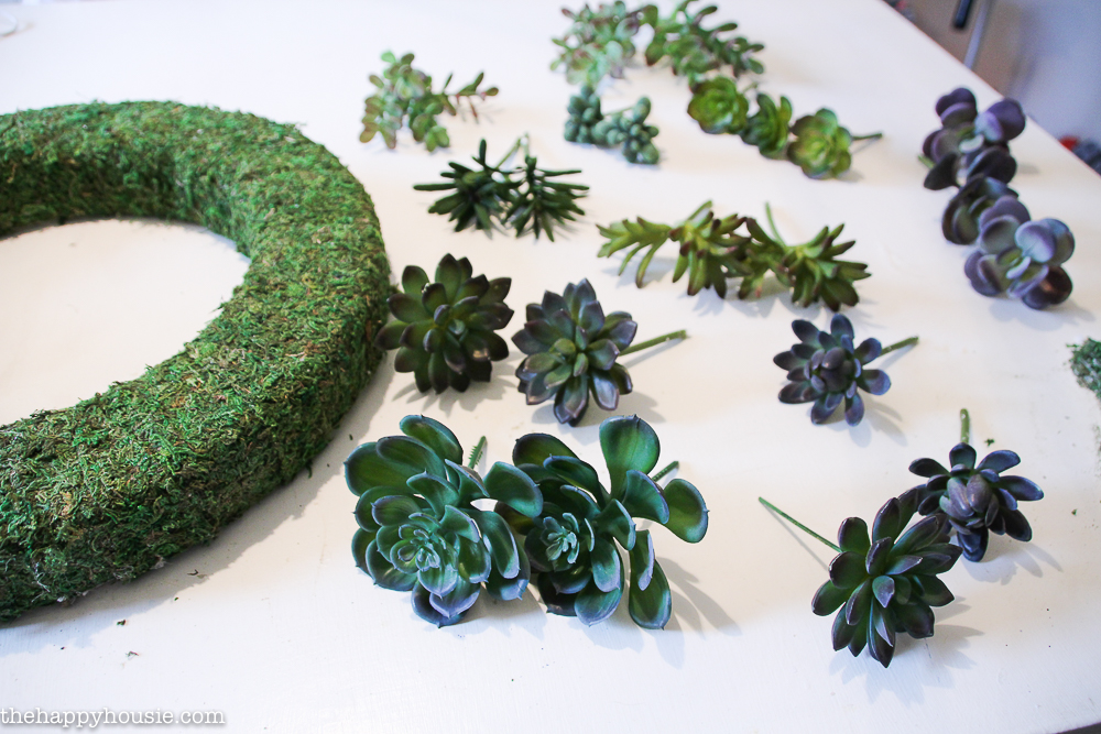 Faux succulents by the wreath.