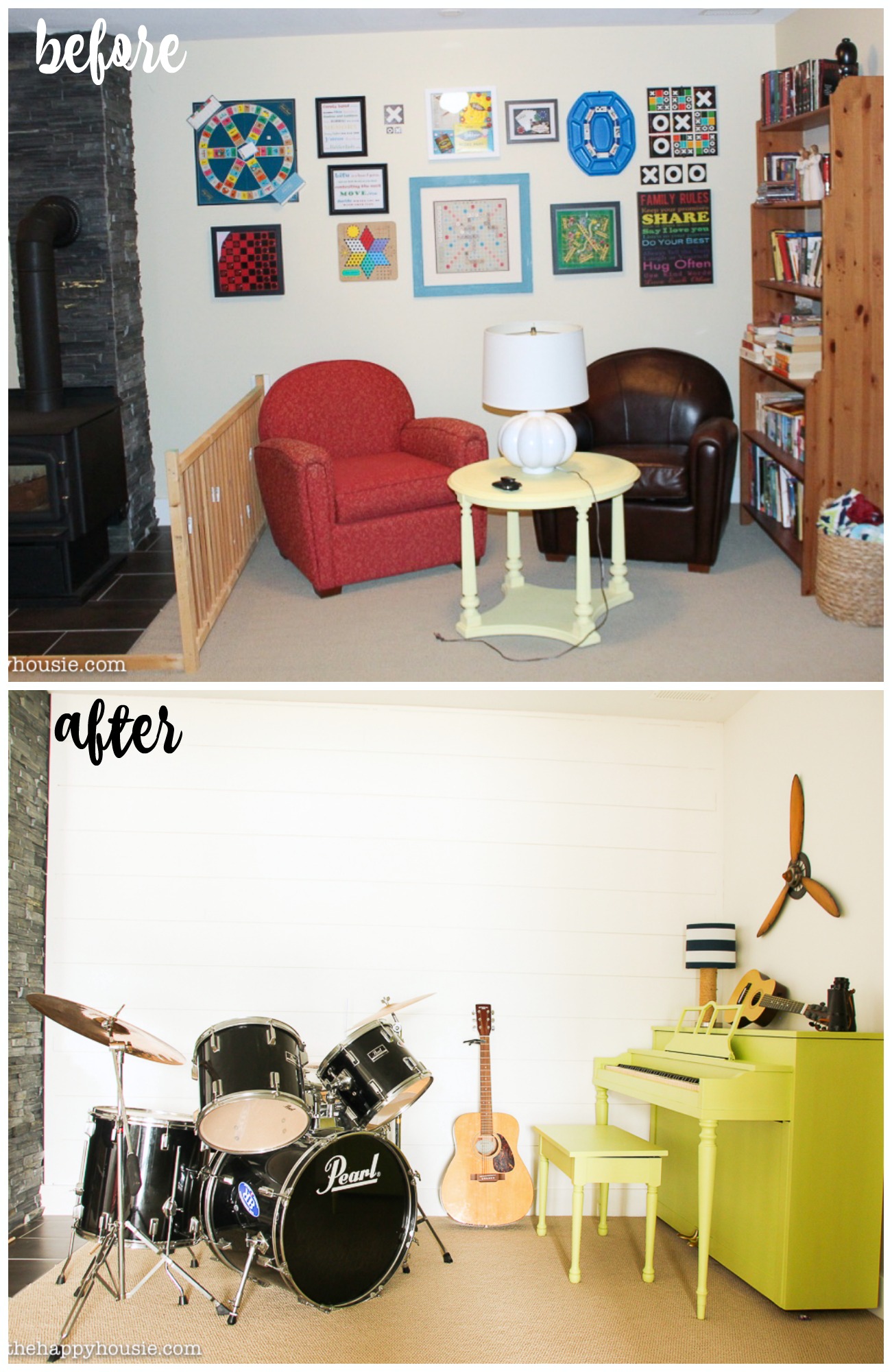 fresh & fab family room makeover before and after music area
