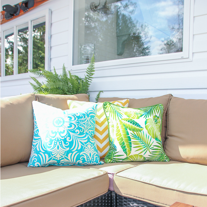 Colourful cushions on the outdoor seating.
