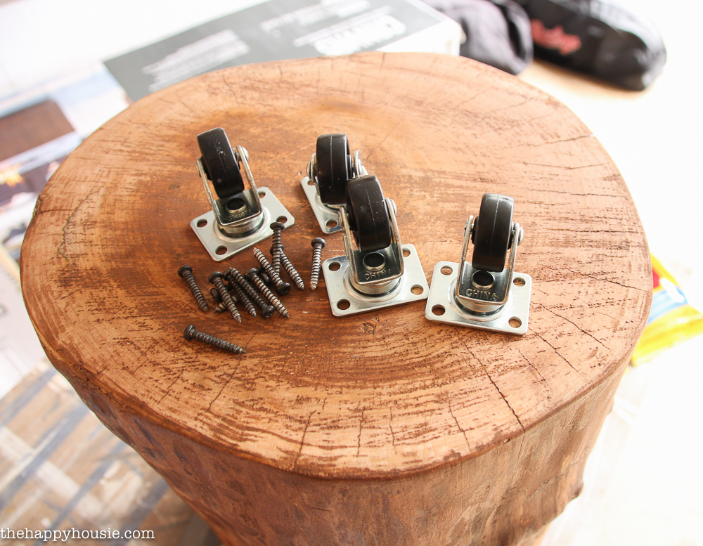 Four casters on the tree stump, ready to be used.